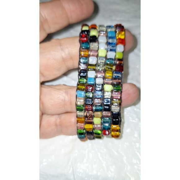 Artsy Glass Beaded Stretch Bracelet Hippie Boho Colorful Woven Handmade - Picture 6 of 7